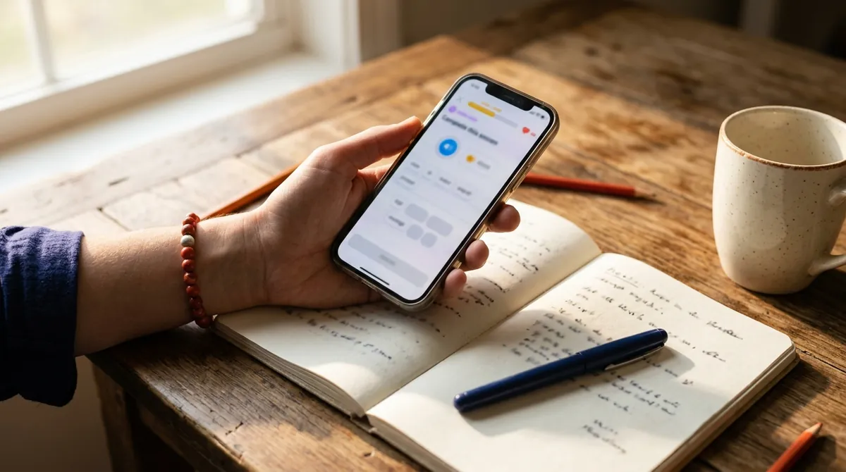 A hand holding a phone showing a language-learning app lesson above a notebook and a mug