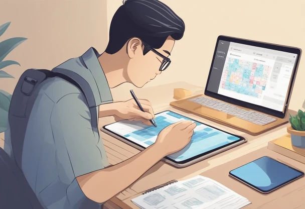 A person at a desk with a computer and books, surrounded by Chinese language study materials