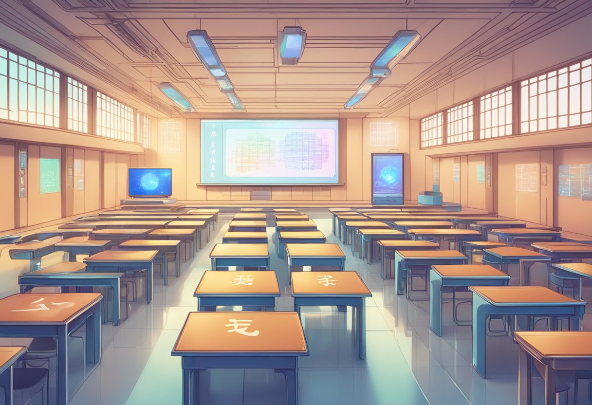 A futuristic classroom with holographic Chinese characters and advanced language learning technology