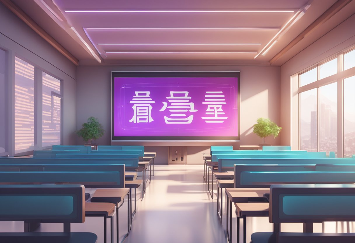 A futuristic classroom with holographic Chinese characters and advanced language learning technology