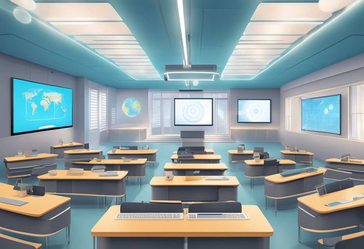 A futuristic classroom with advanced language learning technology and interactive holographic displays