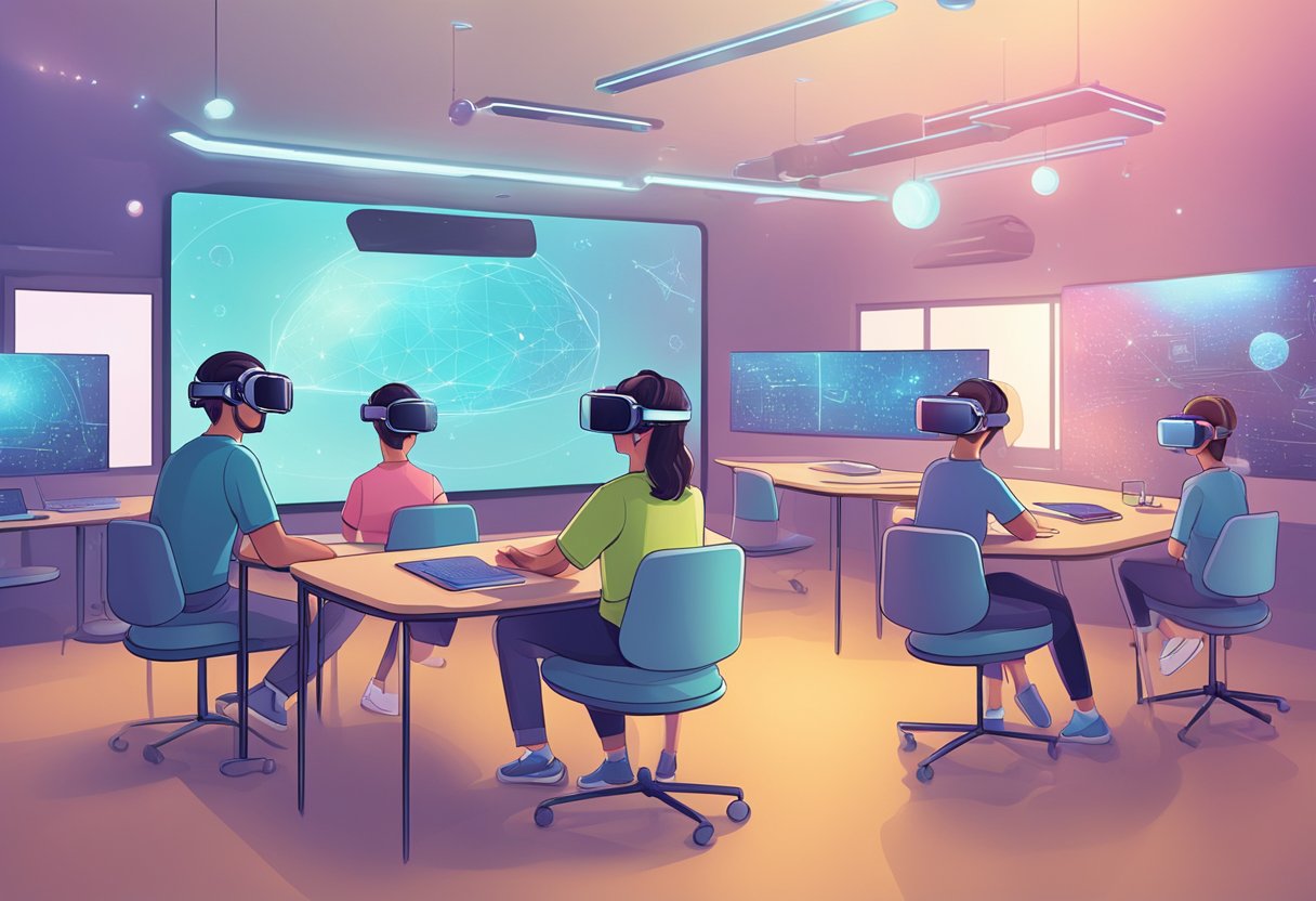 A futuristic classroom with virtual reality headsets, holographic language lessons, and advanced AI language tutors