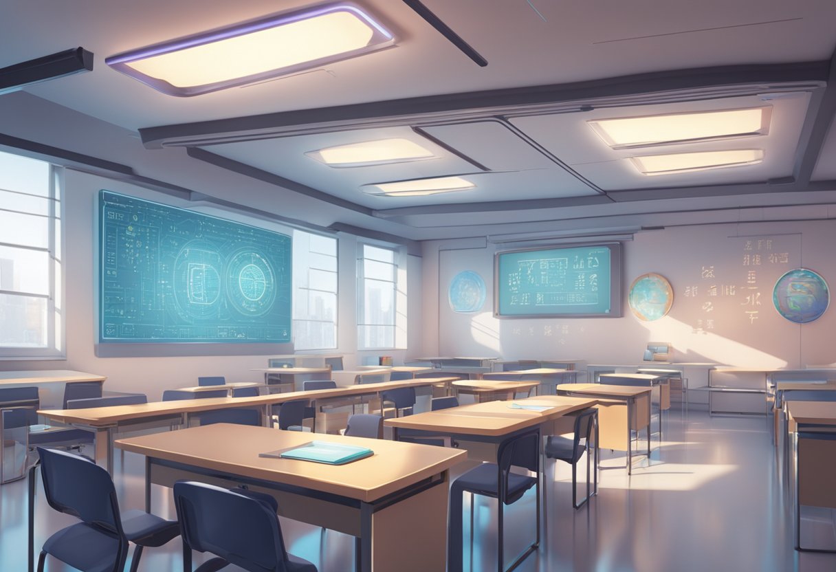 A futuristic classroom with holographic Chinese characters and advanced language learning technology