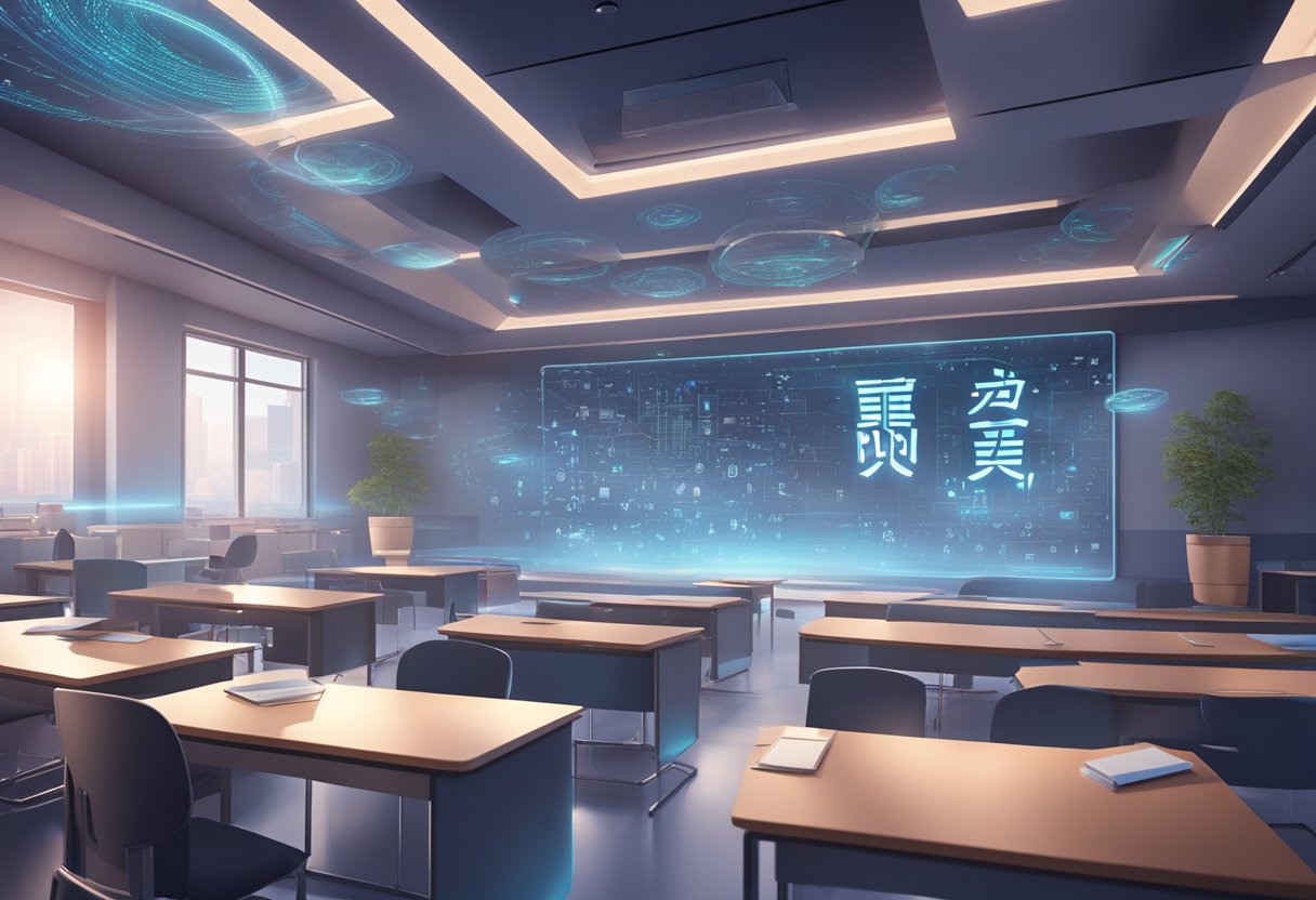 A futuristic classroom with holographic Chinese characters floating in the air, surrounded by advanced language learning technology