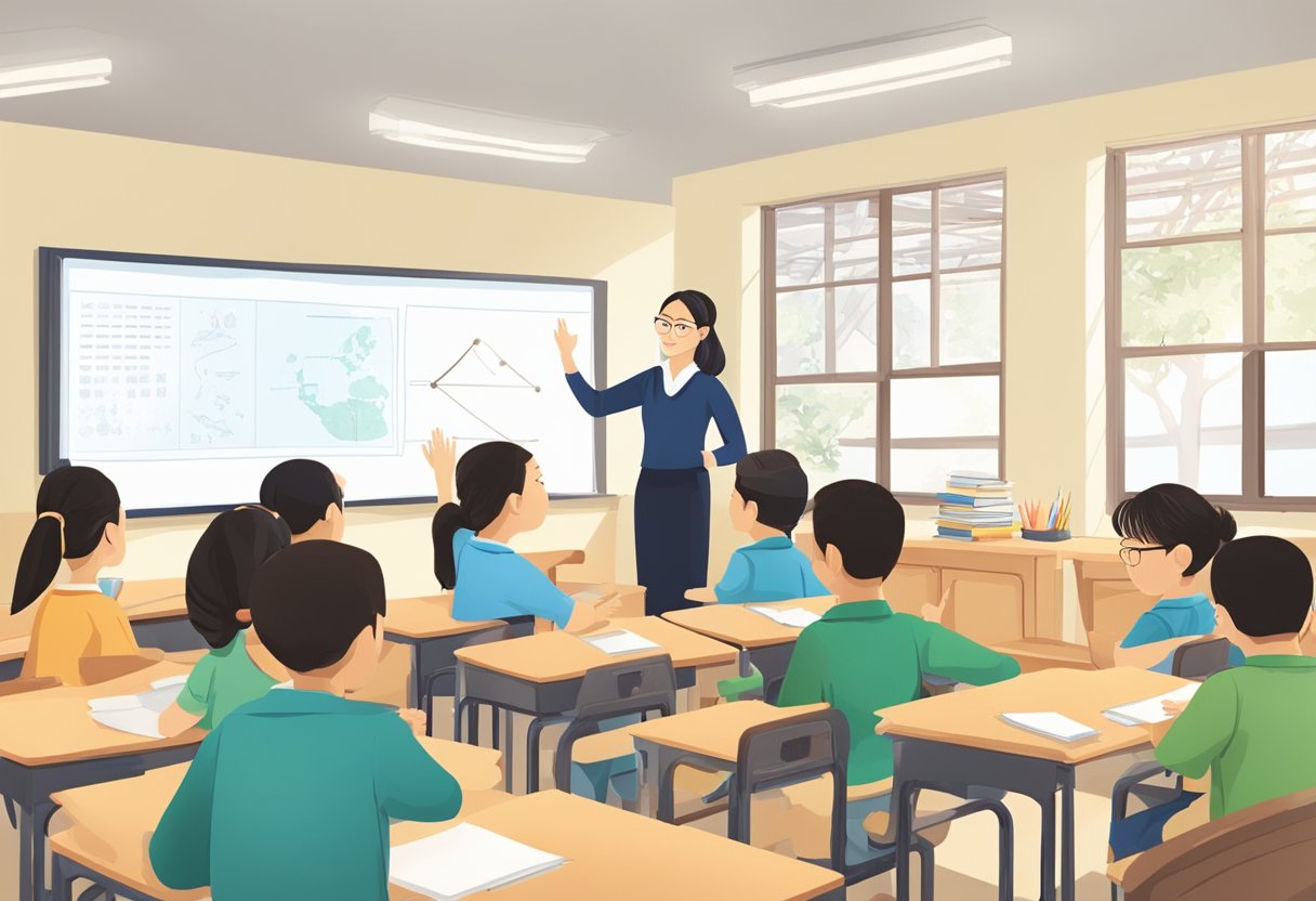 A classroom setting with a teacher using visual aids and gestures to explain Chinese language concepts to a group of engaged students