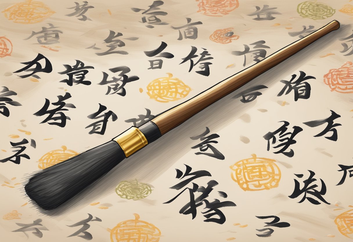 A traditional Chinese calligraphy brush poised over a blank scroll, with various Chinese characters scattered around for reference