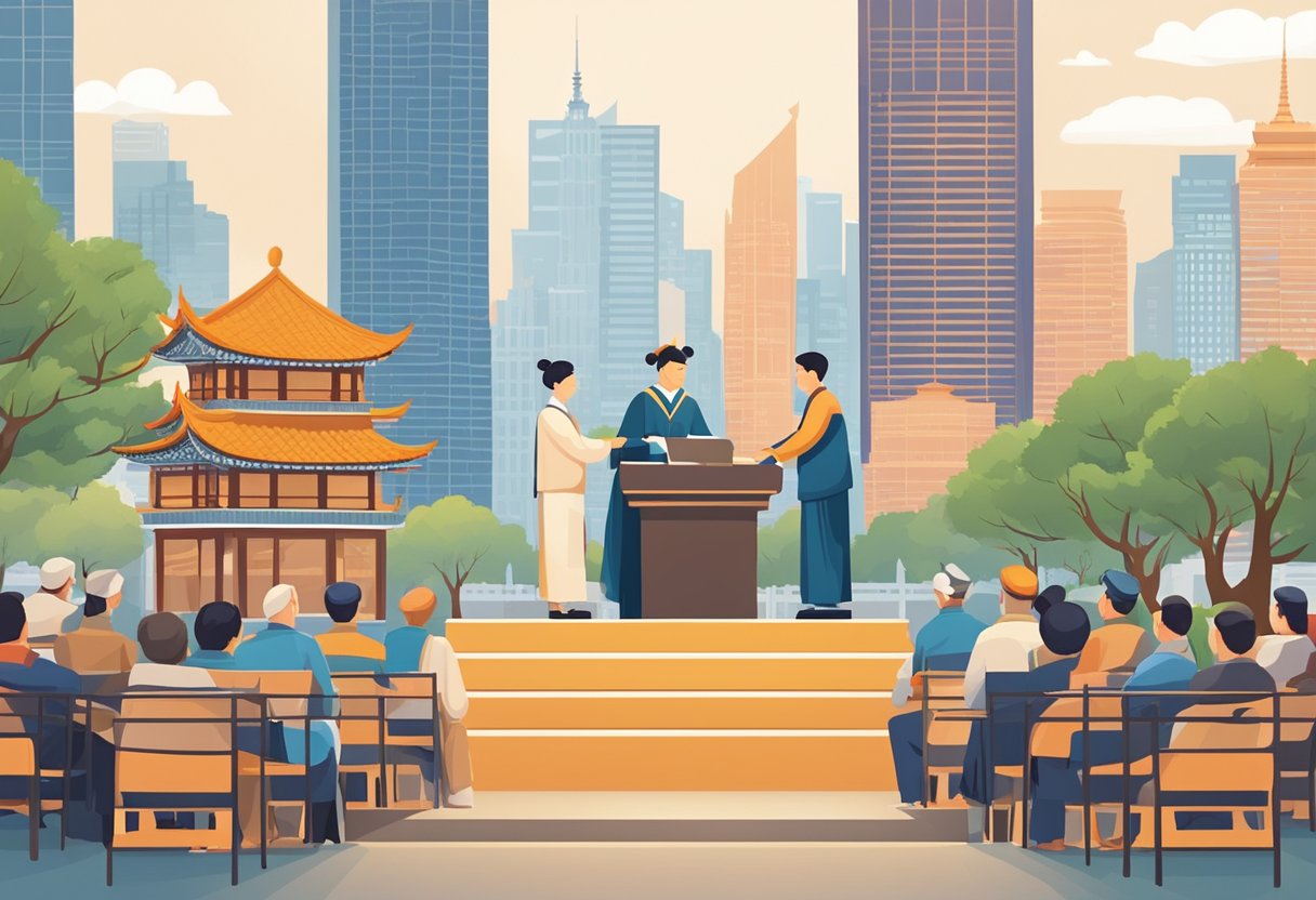 A person standing on a podium, receiving a certificate from an official. The background shows a bustling city with skyscrapers and a traditional Chinese pagoda