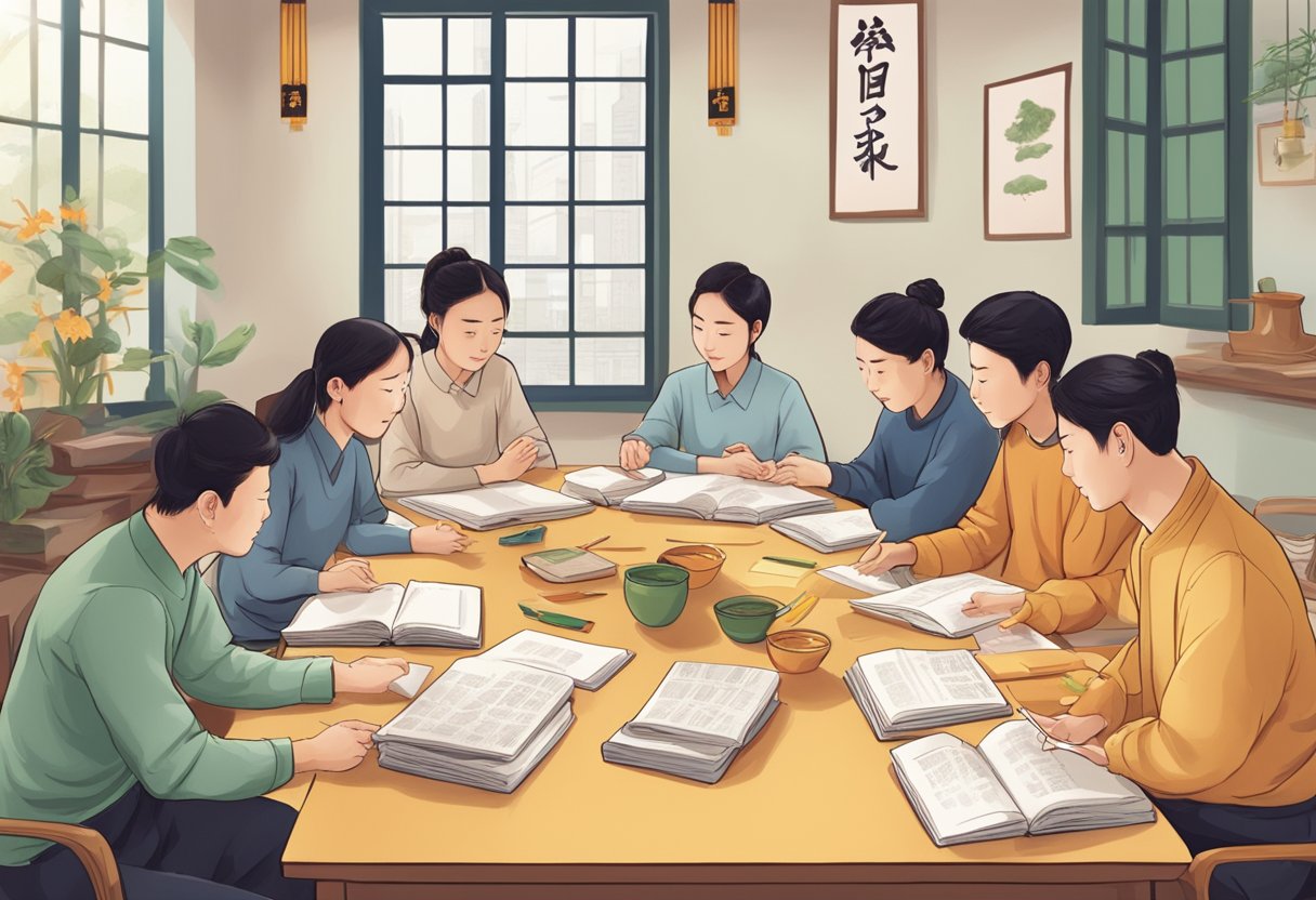 A group of people gathered around a table, practicing different Chinese dialects while using traditional language learning materials