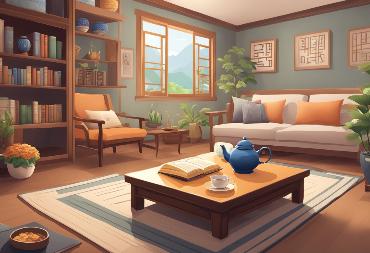 A cozy living room with Chinese language books, traditional decorations, and a teapot set on a low table. A Chinese language learning app is open on a tablet