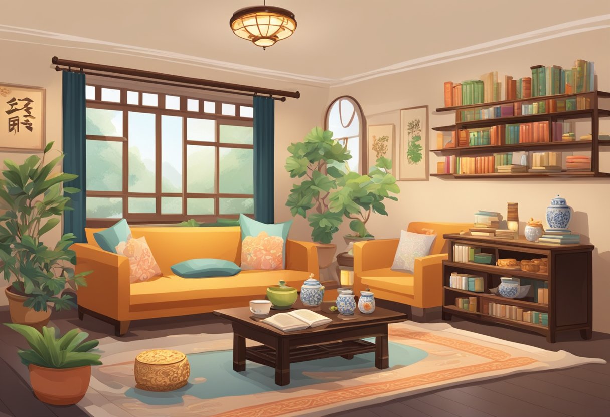 A cozy living room with Chinese language books, Chinese-themed decor, traditional music playing, and a table set with Chinese tea and snacks