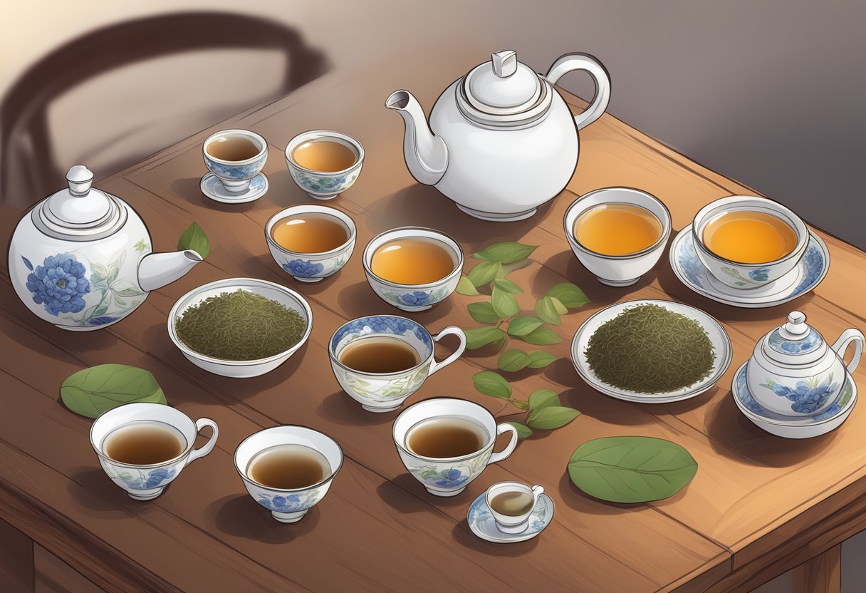 A traditional Chinese tea ceremony set up with a variety of tea leaves, a teapot, and delicate tea cups arranged on a wooden table