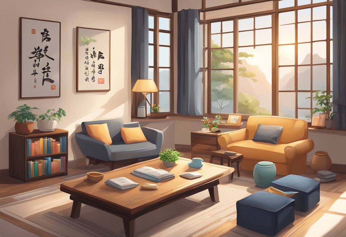 A cozy living room with Chinese language books, flashcards, and a language learning app on a tablet. Chinese calligraphy artwork adorns the walls