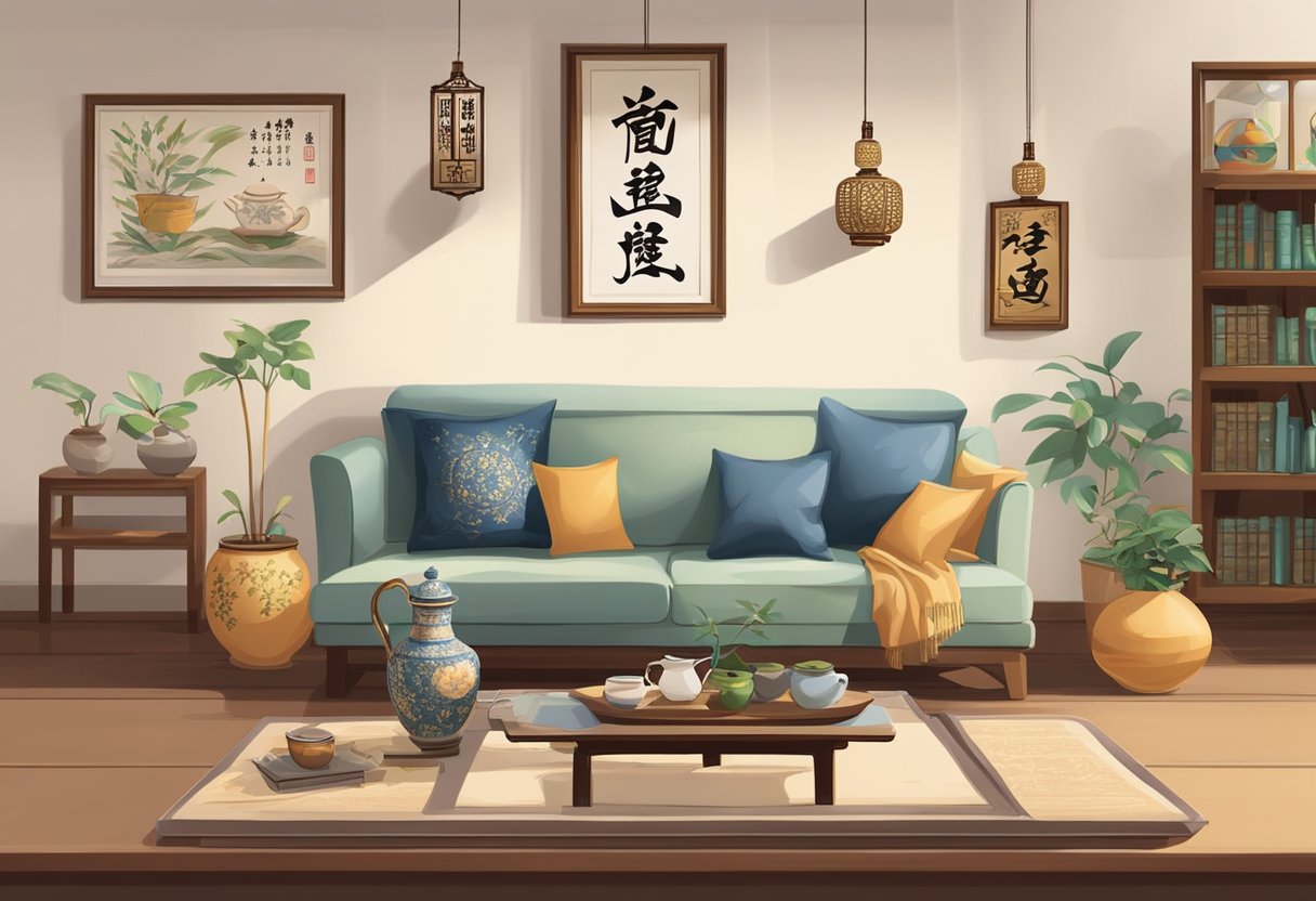 A cozy living room with Chinese language books, posters, and a traditional teapot set on a table. Chinese calligraphy art decorates the walls