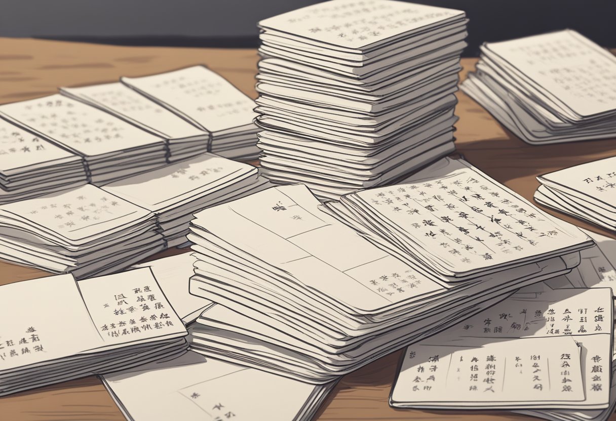 A stack of word flashcards and a collection of sentences with Chinese characters, arranged on a desk with a Chinese language textbook