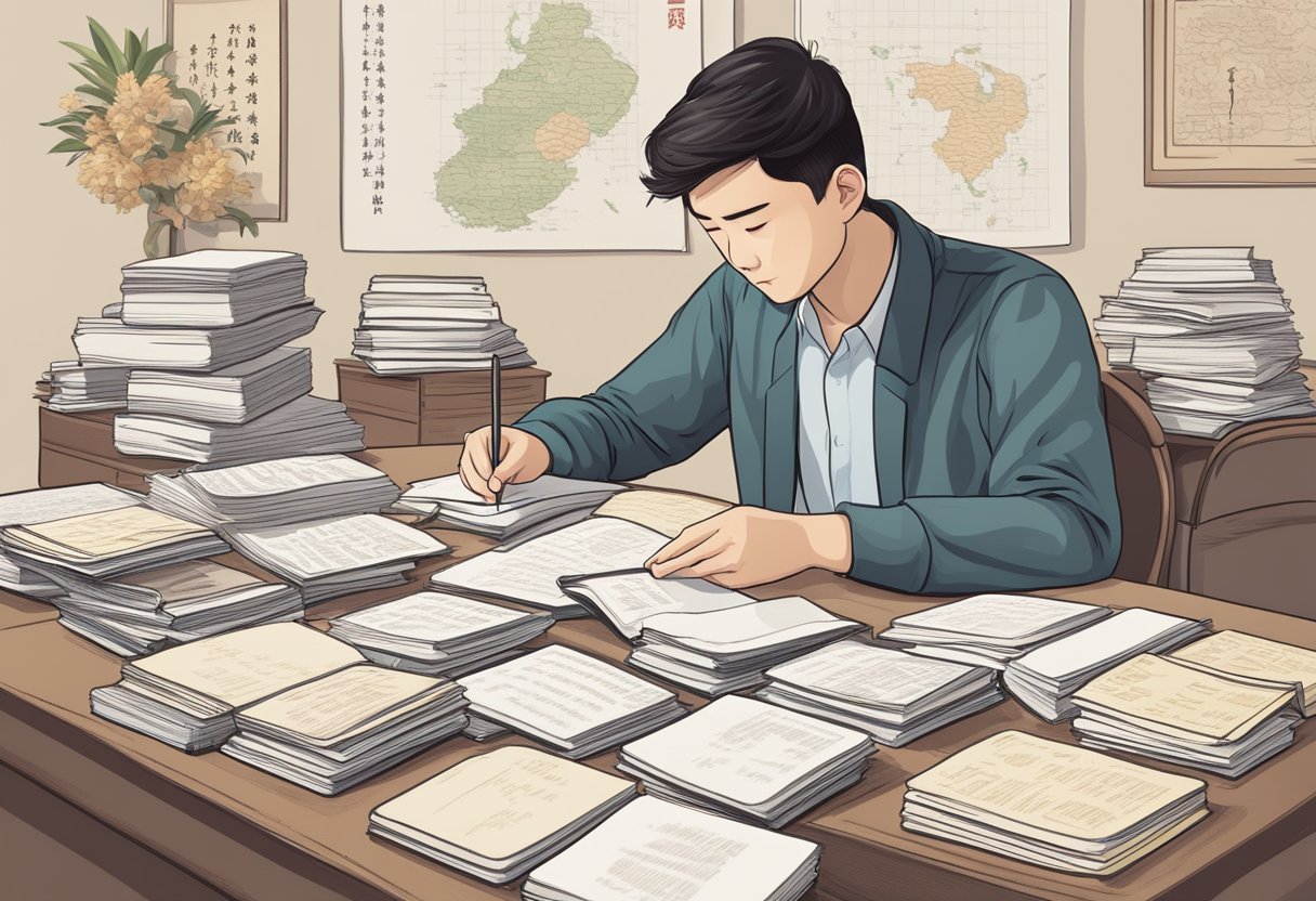 A person studying Chinese, surrounded by word flashcards and sentence examples, with a look of concentration and determination