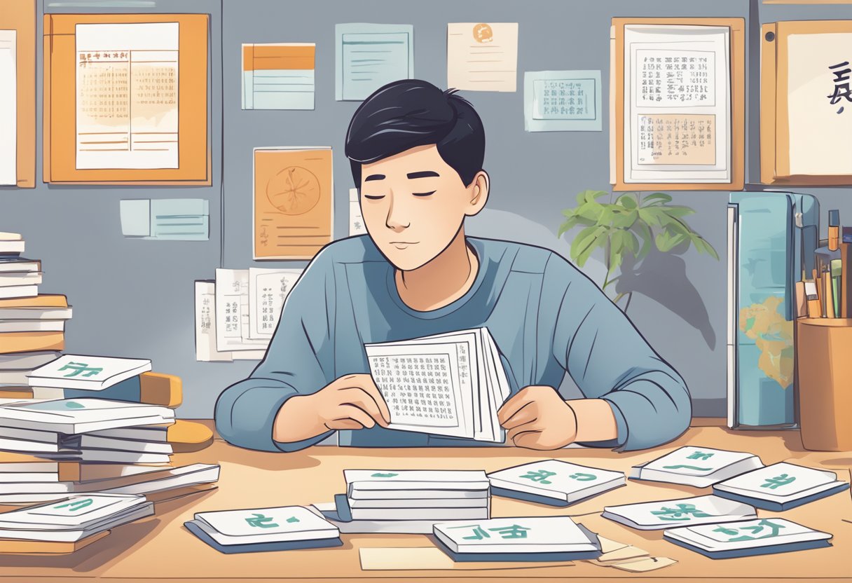 A person surrounded by Chinese word flashcards and sentences, engaging in immersive learning