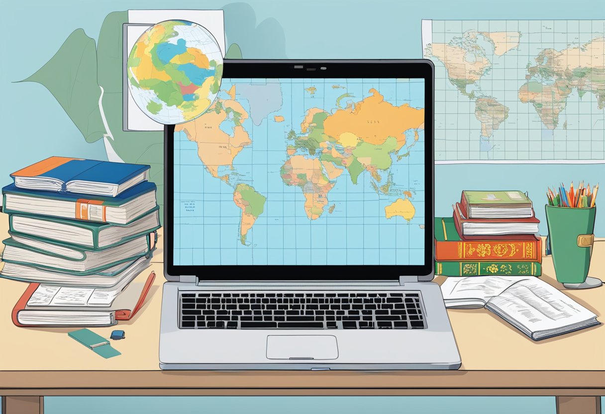 A cluttered desk with Chinese textbooks, flashcards, and a laptop. A world map with China highlighted in the background