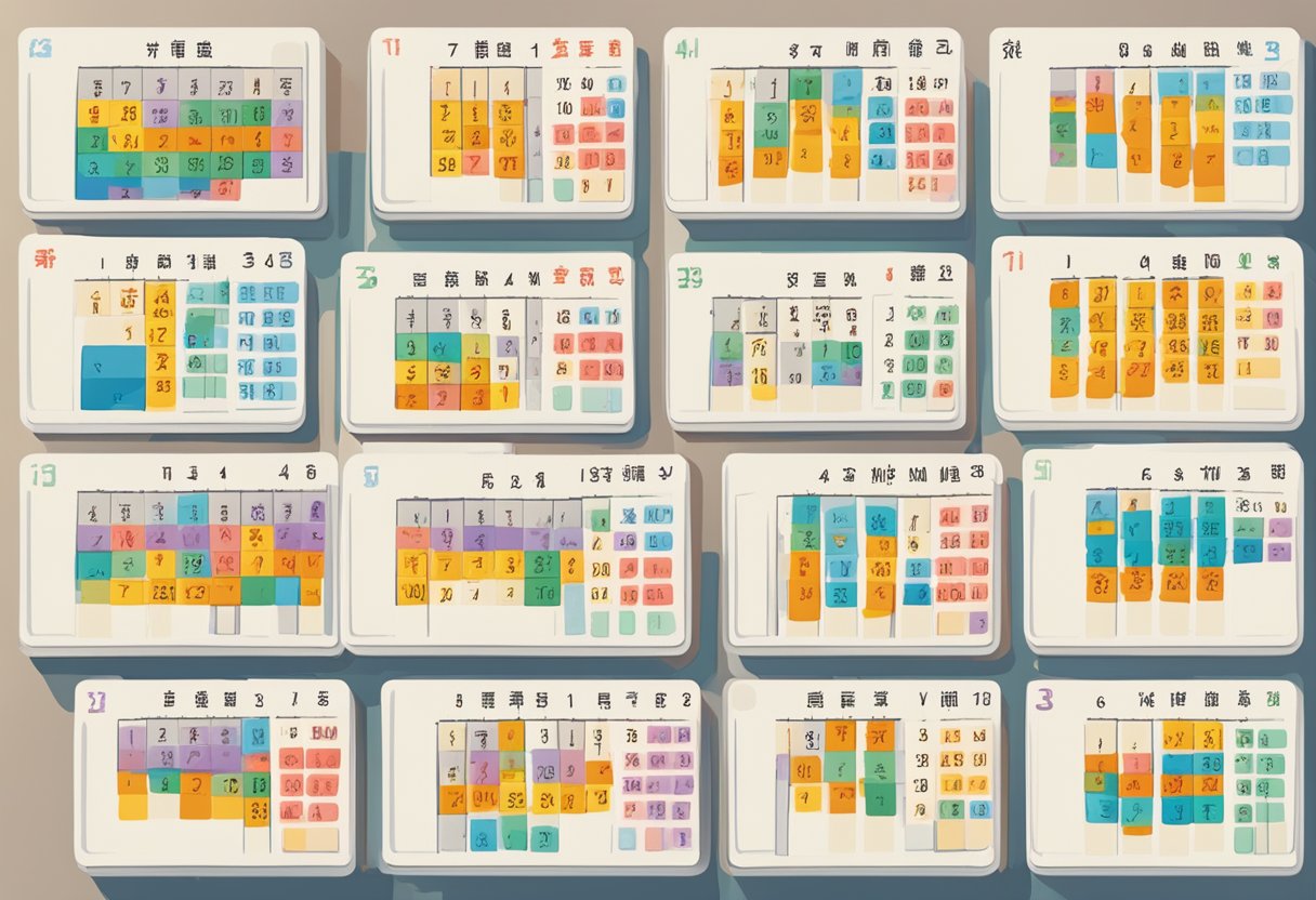 A stack of Chinese character flashcards arranged in a neat row, with a calendar in the background showing each day of the week