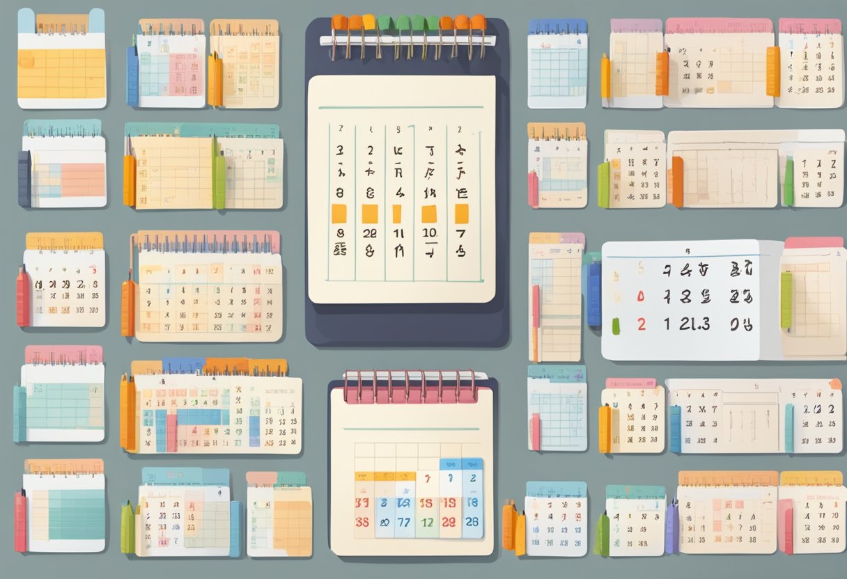 A stack of Chinese character flashcards arranged in a neat row, with a calendar in the background marking off each day