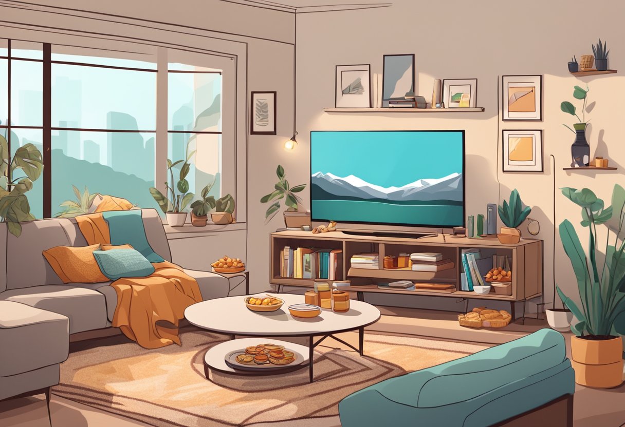 A cozy living room with a TV playing Chinese shows, a notebook and pen on the coffee table, and a stack of Mandarin learning books nearby