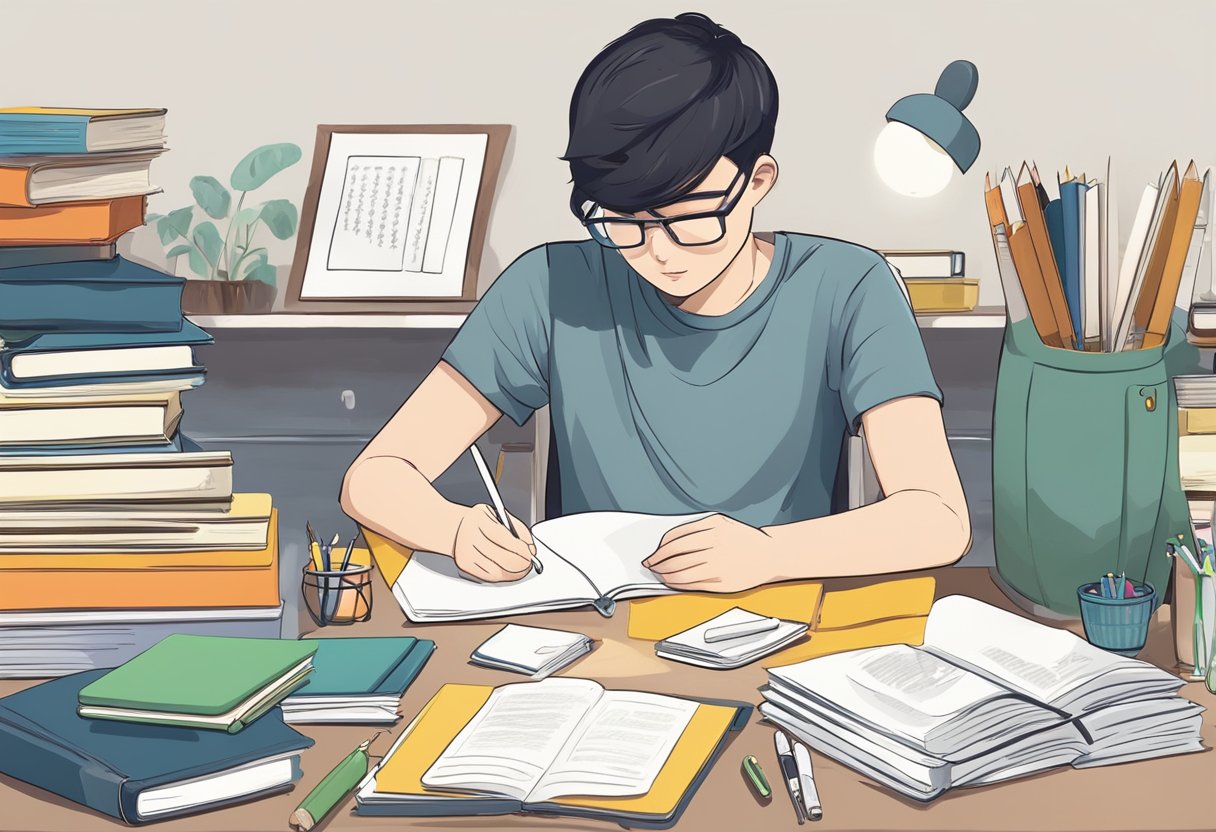 A student surrounded by books, studying Chinese idioms with determination