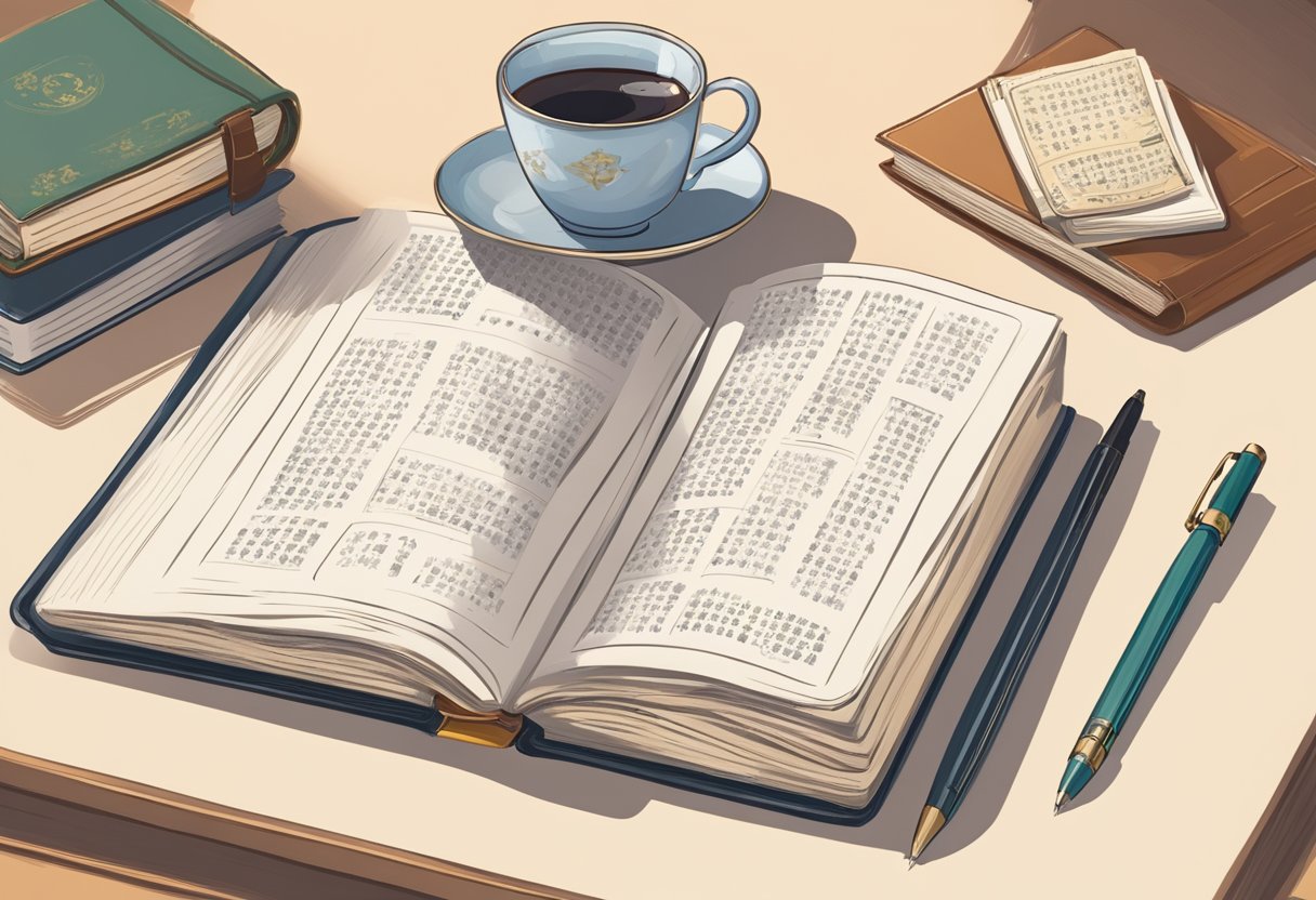 An open book with Chinese characters, a notebook, and a pen on a desk. A Chinese-English dictionary is nearby. A cup of tea sits next to the books