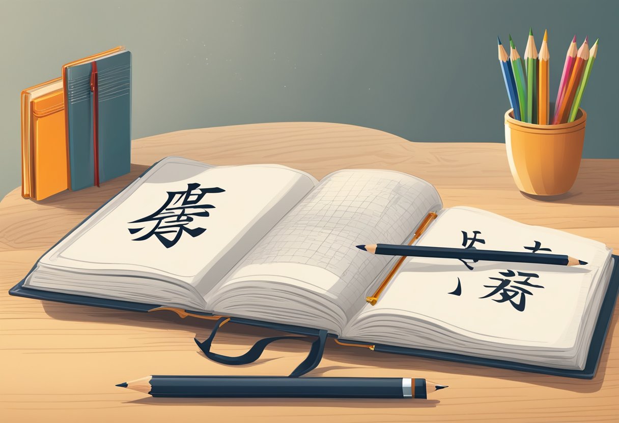 An open book with Chinese characters, a notebook, and a pencil on a desk