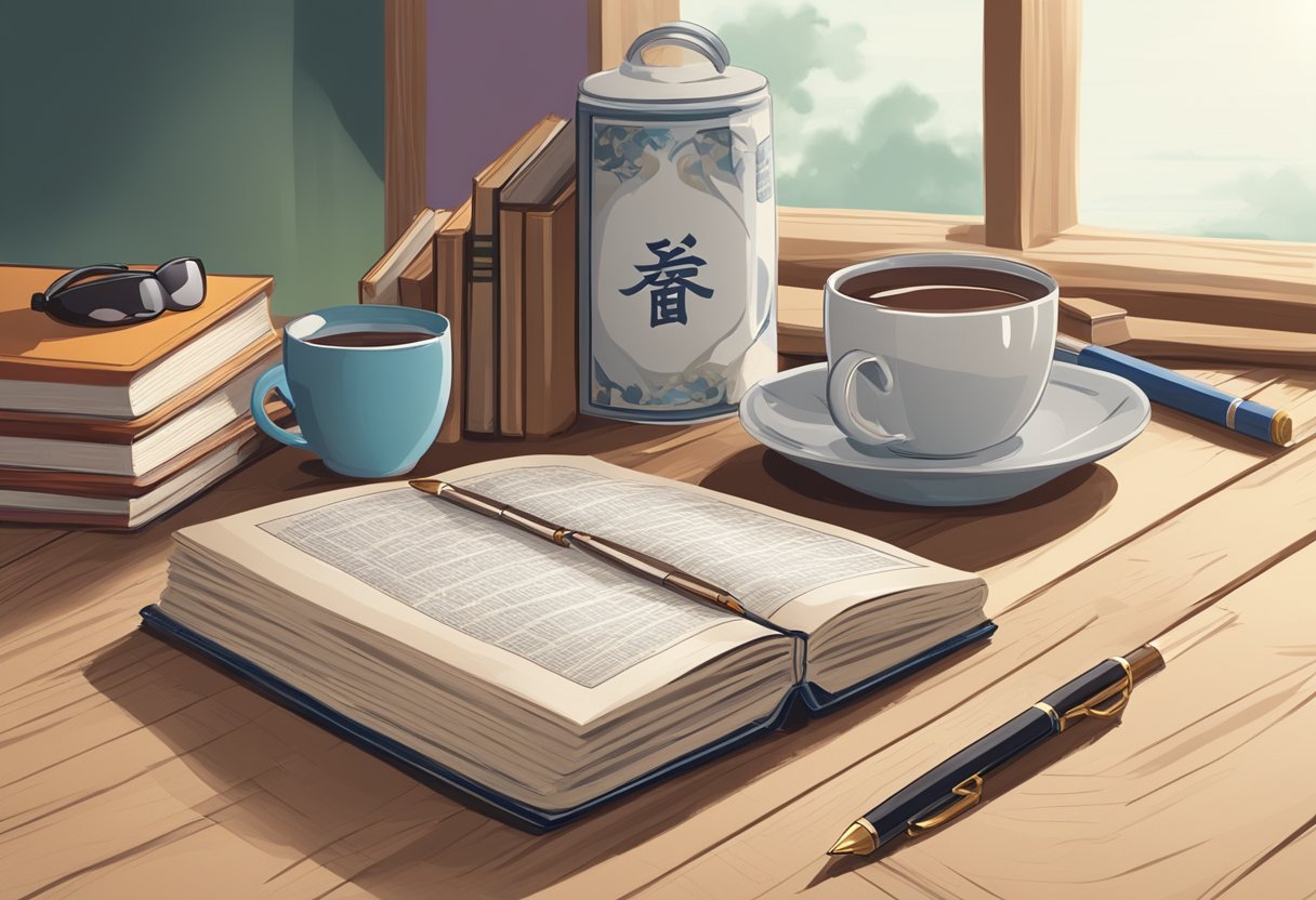 A stack of Chinese language books surrounded by a notebook, pen, and dictionary on a wooden desk. A cup of tea sits next to the books