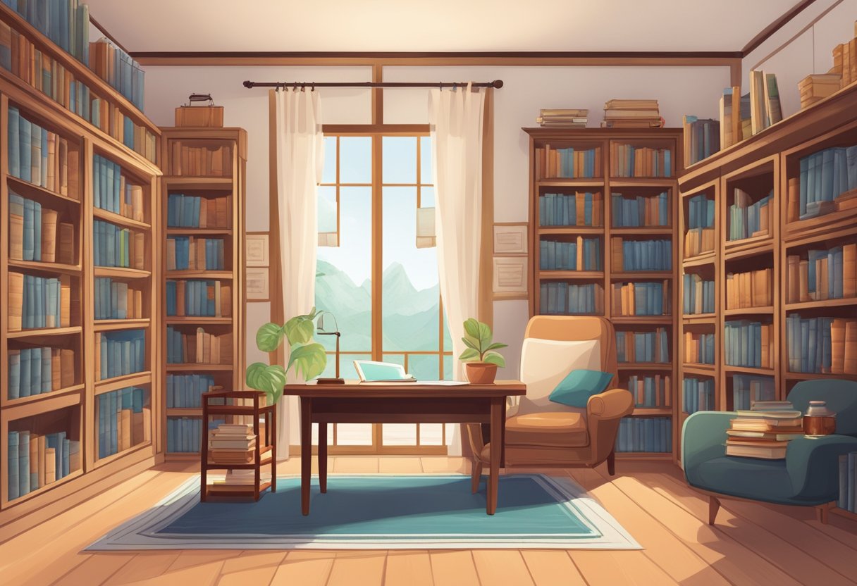 A cozy study room with a bookshelf filled with Chinese language books, a comfortable chair, and a table with a notebook and pen