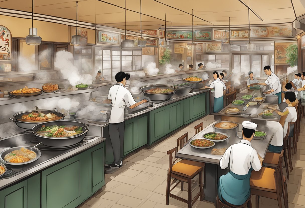 A bustling Chinese restaurant with steaming dishes and bustling waitstaff. Customers order in Mandarin as they explore the menu's array of popular dishes and ingredients