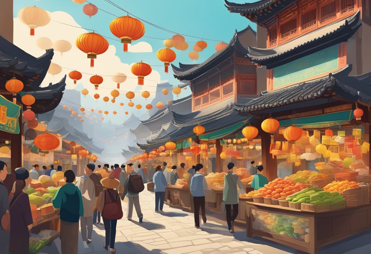 A bustling Chinese street market with colorful signs and traditional architecture, surrounded by iconic tourist attractions like the Great Wall and the Forbidden City