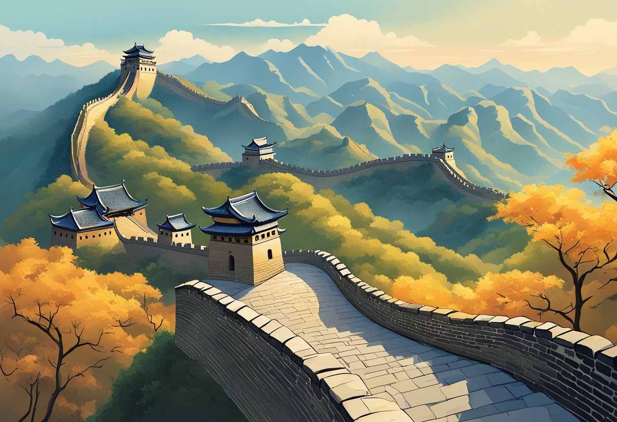 The Great Wall winding through mountainous terrain, with traditional Chinese pagodas and temples dotting the landscape