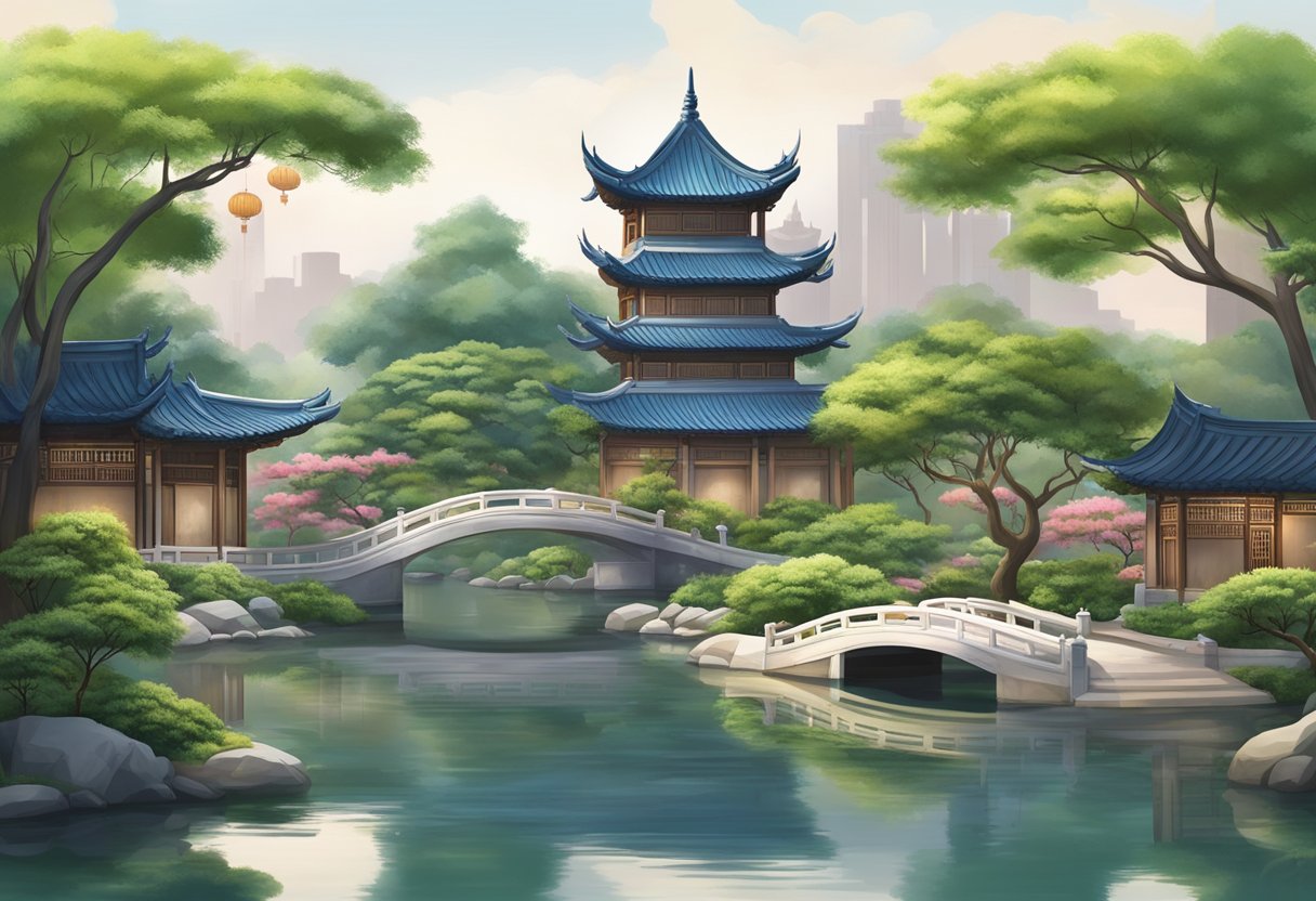 A serene Chinese garden with traditional architecture and lush greenery, nestled in the heart of a bustling city
