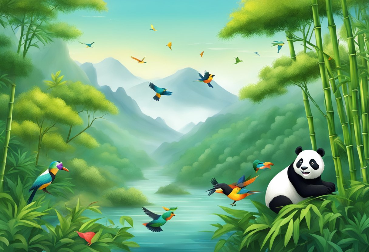 A lush bamboo forest with playful pandas and colorful birds, surrounded by misty mountains and a winding river