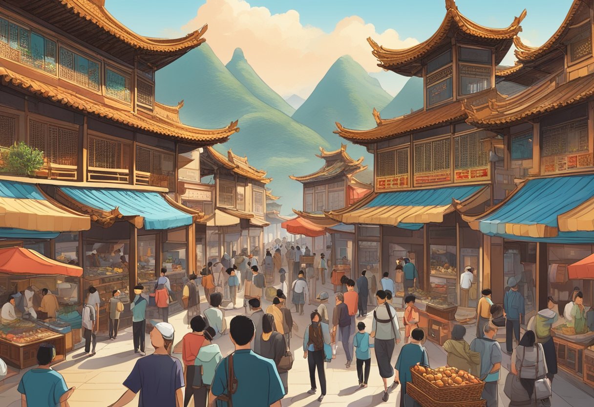 A bustling Chinese marketplace with iconic landmarks in the background. Tourists learning Chinese from locals