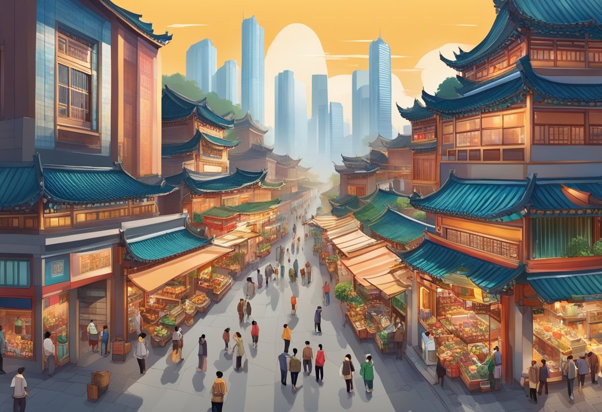A bustling city in China, with modern skyscrapers and traditional architecture, surrounded by vibrant street markets and bustling with activity