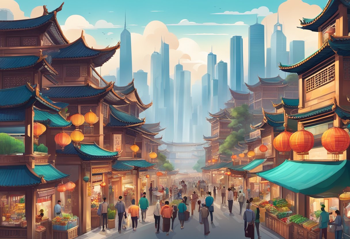 A bustling Chinese city skyline with traditional architecture and modern skyscrapers, surrounded by vibrant street markets and bustling traffic