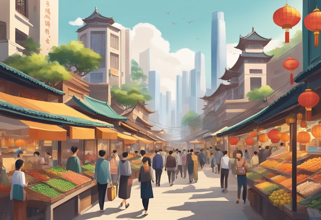 A bustling Chinese cityscape with modern buildings, traditional architecture, and vibrant street markets, showcasing the integration of expats into Chinese society in 2025