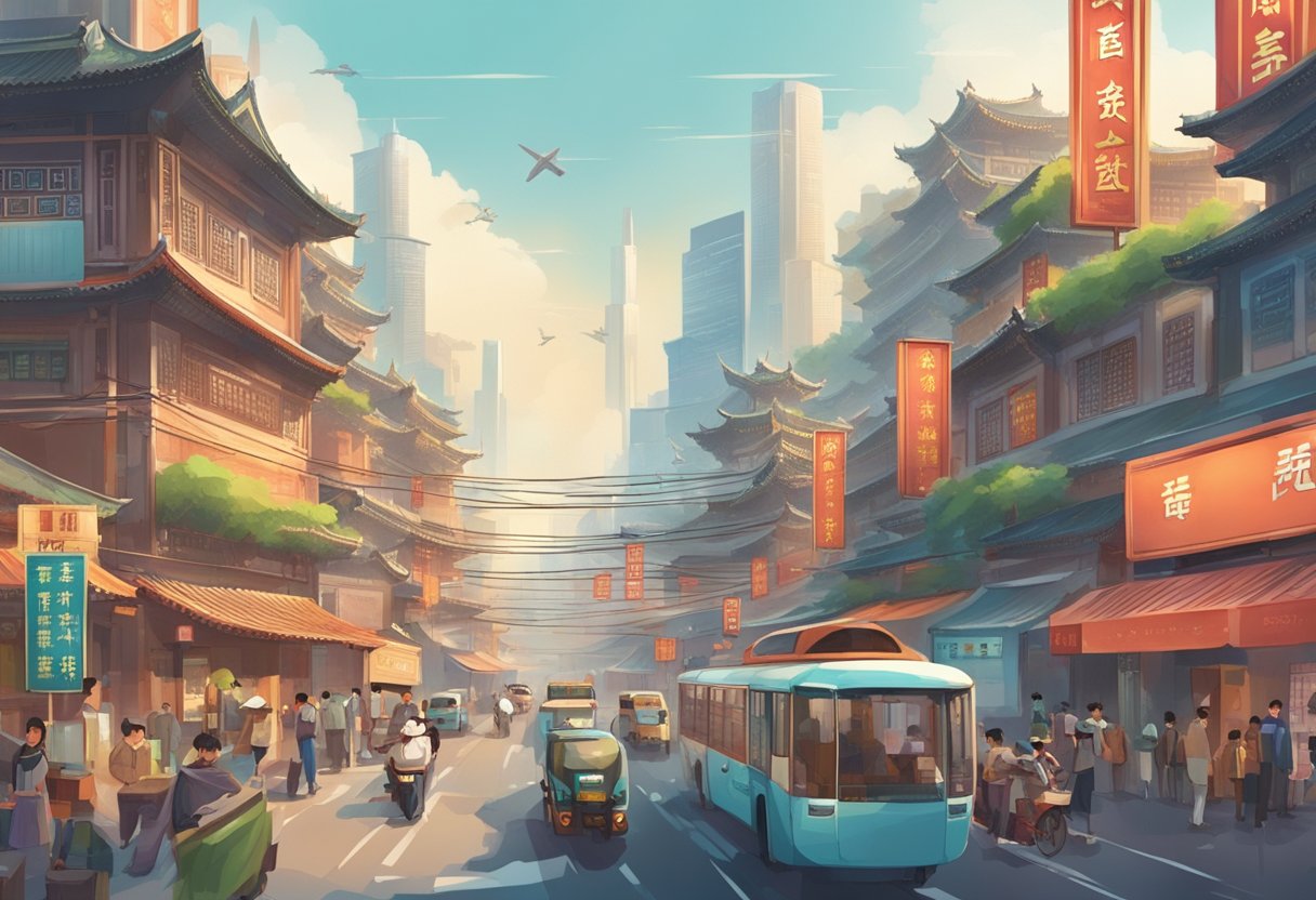 A bustling city street in China, with futuristic transportation and signs in Chinese. A mix of traditional and modern architecture fills the skyline