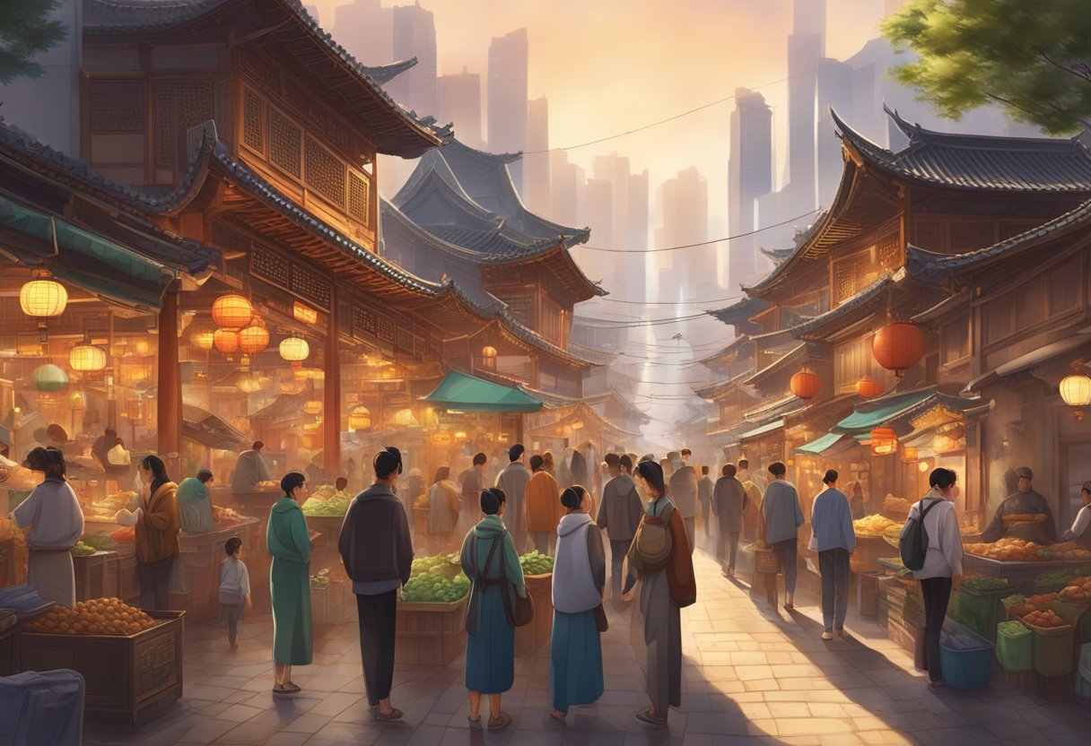 A bustling Chinese cityscape with modern buildings, traditional architecture, and vibrant street markets, showcasing the fusion of old and new in 2025