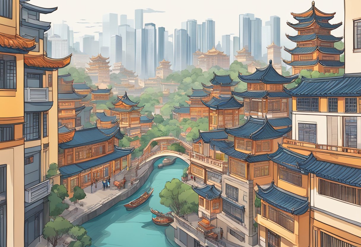 A bustling Chinese cityscape with modern buildings, traditional architecture, and Mandarin language learning resources