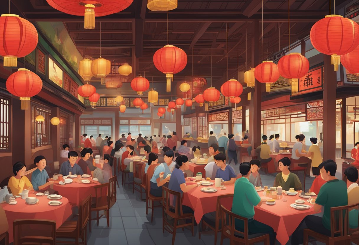 A customer at a table gestures to a waiter while speaking Mandarin. The waiter nods and writes down the order on a notepad