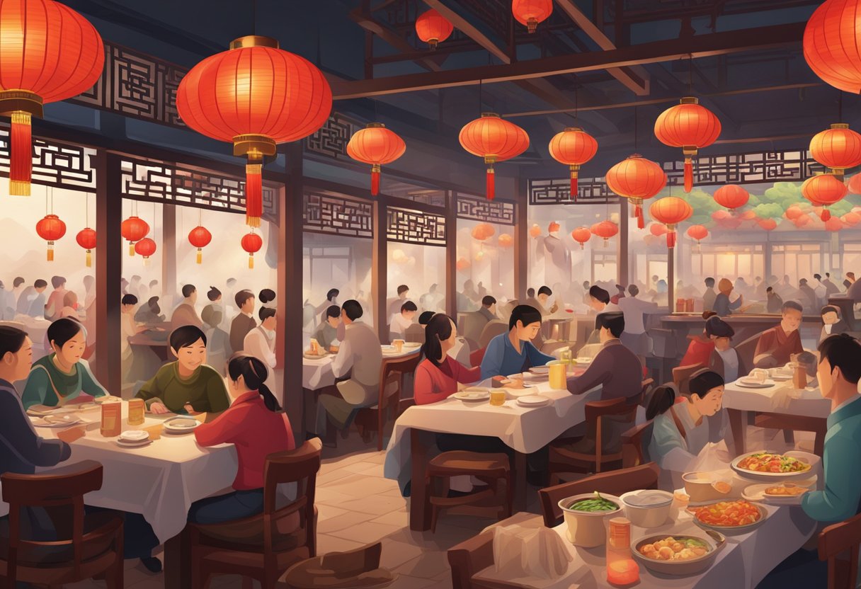 A person pointing to menu items while speaking with a waiter in a Chinese restaurant
