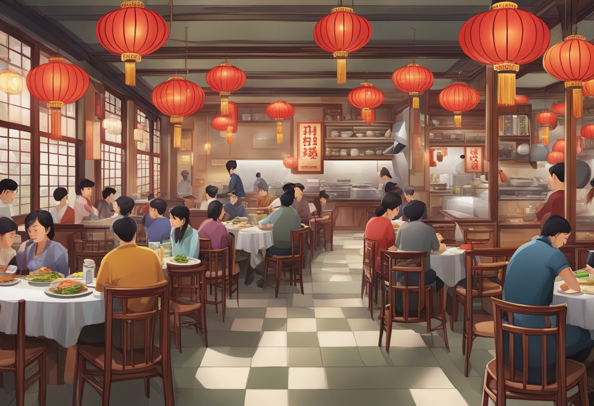 A bustling Chinese restaurant with a waiter taking orders at a table, while the chef prepares traditional dishes in a busy kitchen
