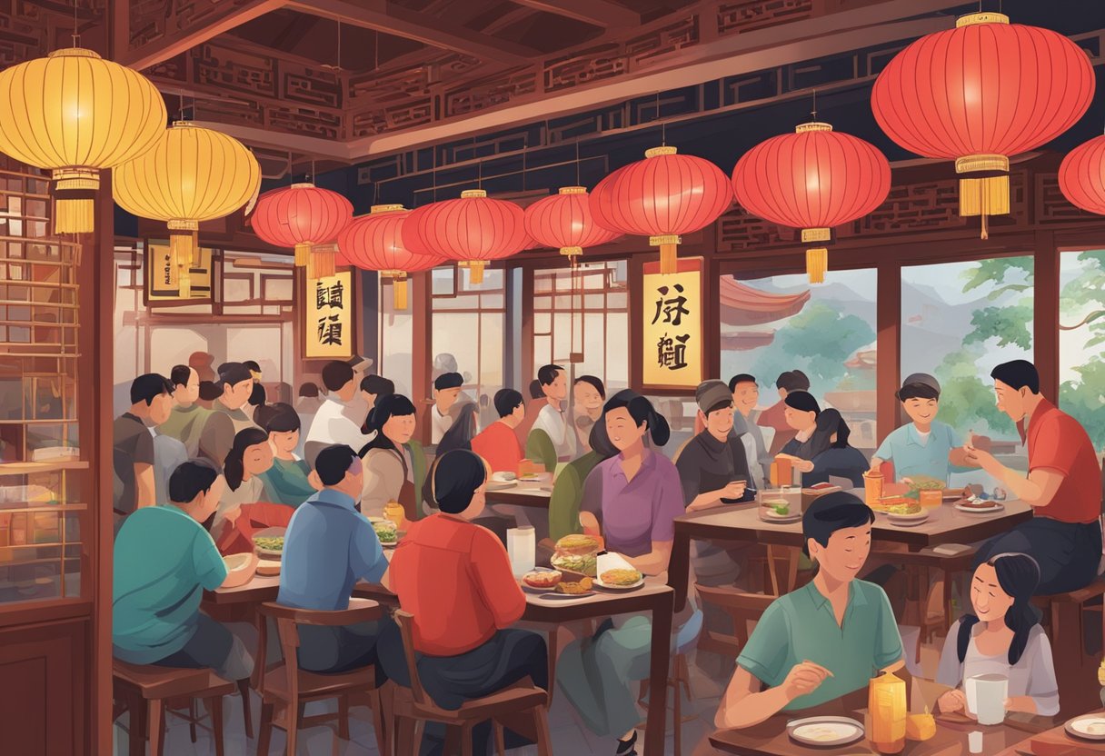 A customer gestures and speaks in Chinese at a restaurant. A server takes their order with a smile