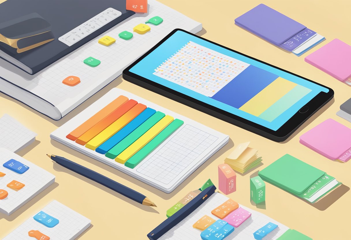 A stack of Chinese pinyin textbooks surrounded by colorful flashcards and a digital device displaying a pinyin chart