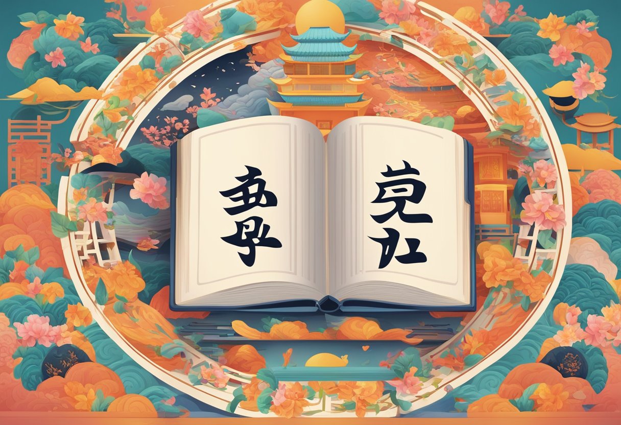 A colorful book cover with Chinese characters and pinyin symbols, surrounded by traditional Chinese cultural elements