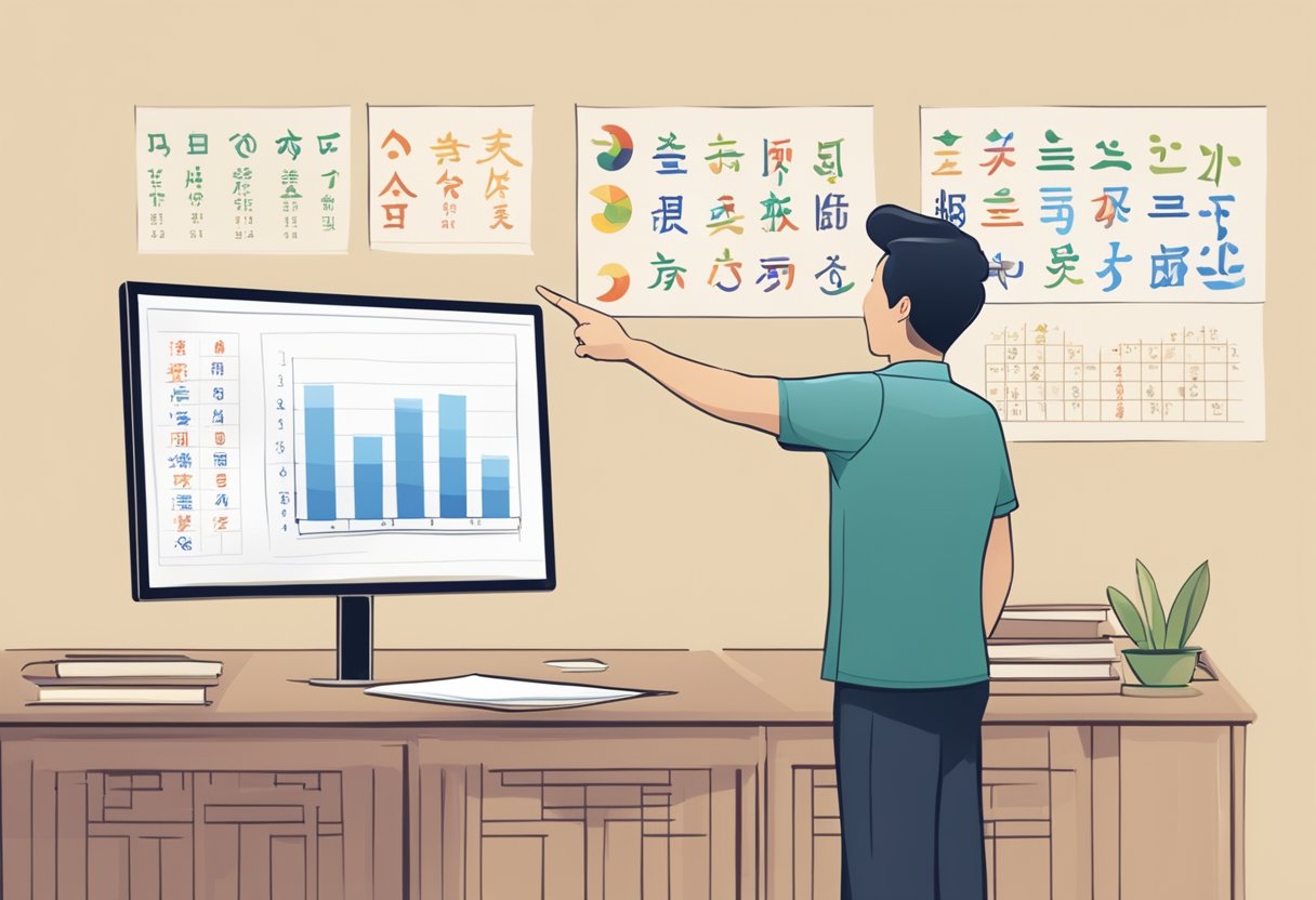 A person pointing to a chart of Chinese pinyin symbols while speaking