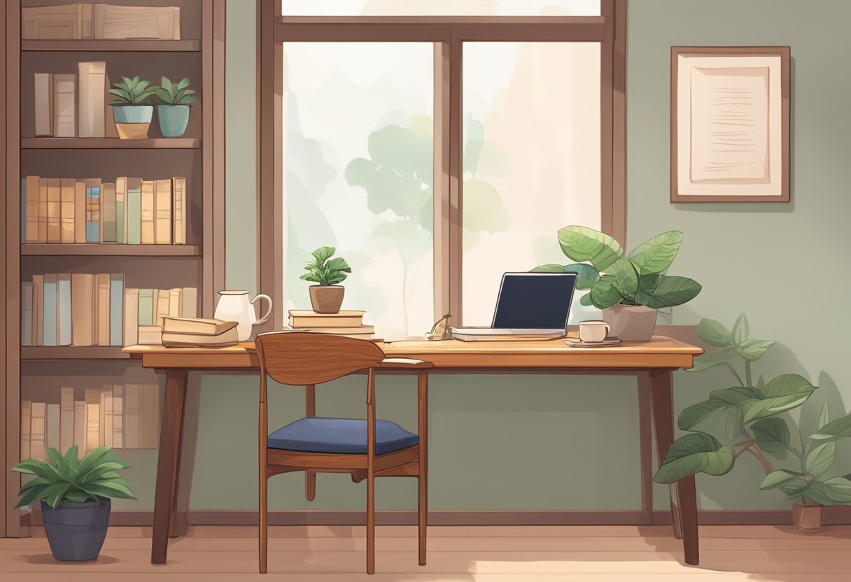 A cozy study room with a desk, chair, and open textbook on Chinese pinyin. A cup of tea and a potted plant add warmth to the scene