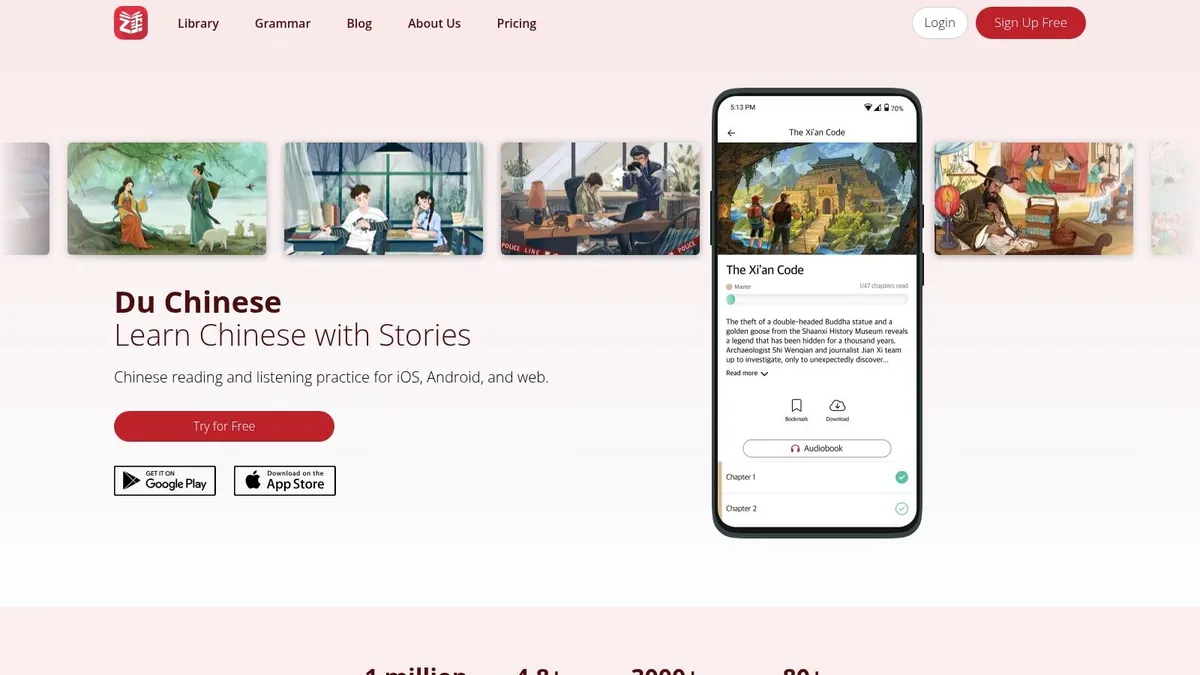 Du Chinese homepage: learn Chinese with stories, with a graded story on a phone